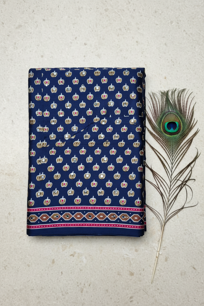 Modal silk mirror work saree . Ajrak print with tassels.