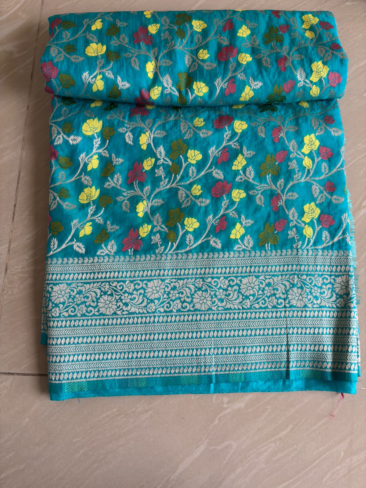 Linen Silk Golden Zari Work Saree. Jaal Pattern