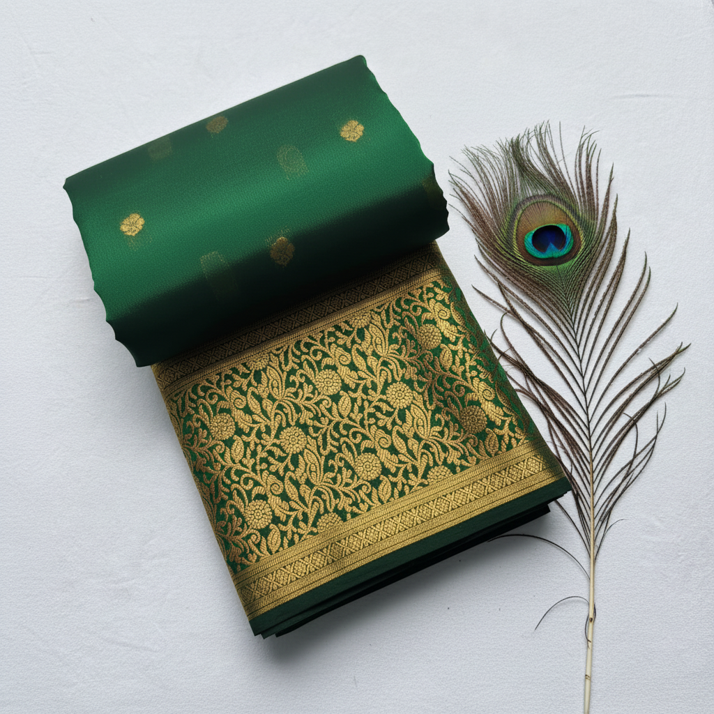 Semi silk saree with golden motifs and gole=den zari work pallu and border. Dark green color