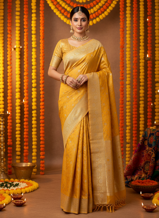 banarasi soft silk saree ice cream mango color with golden motifs zari work