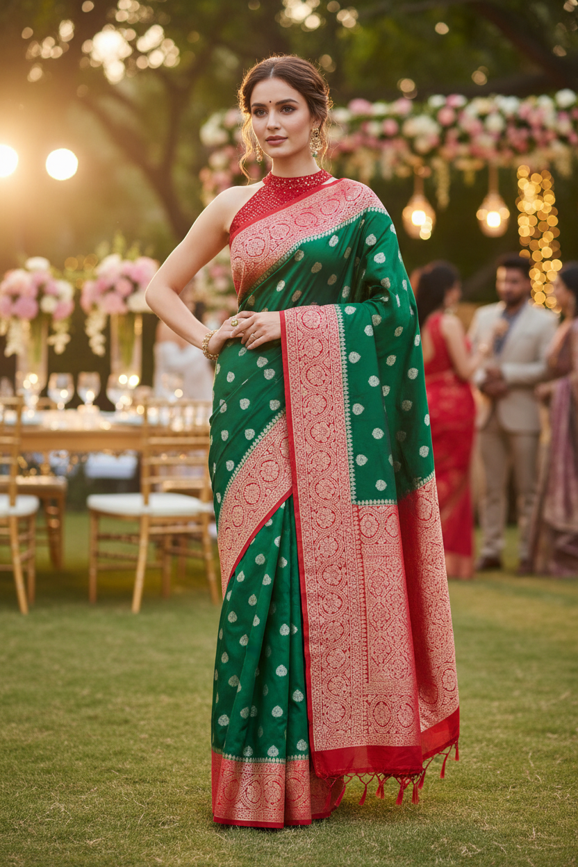 Dark bottle green and dark red very elegant combination in mercerise silk banarsi silver zari work