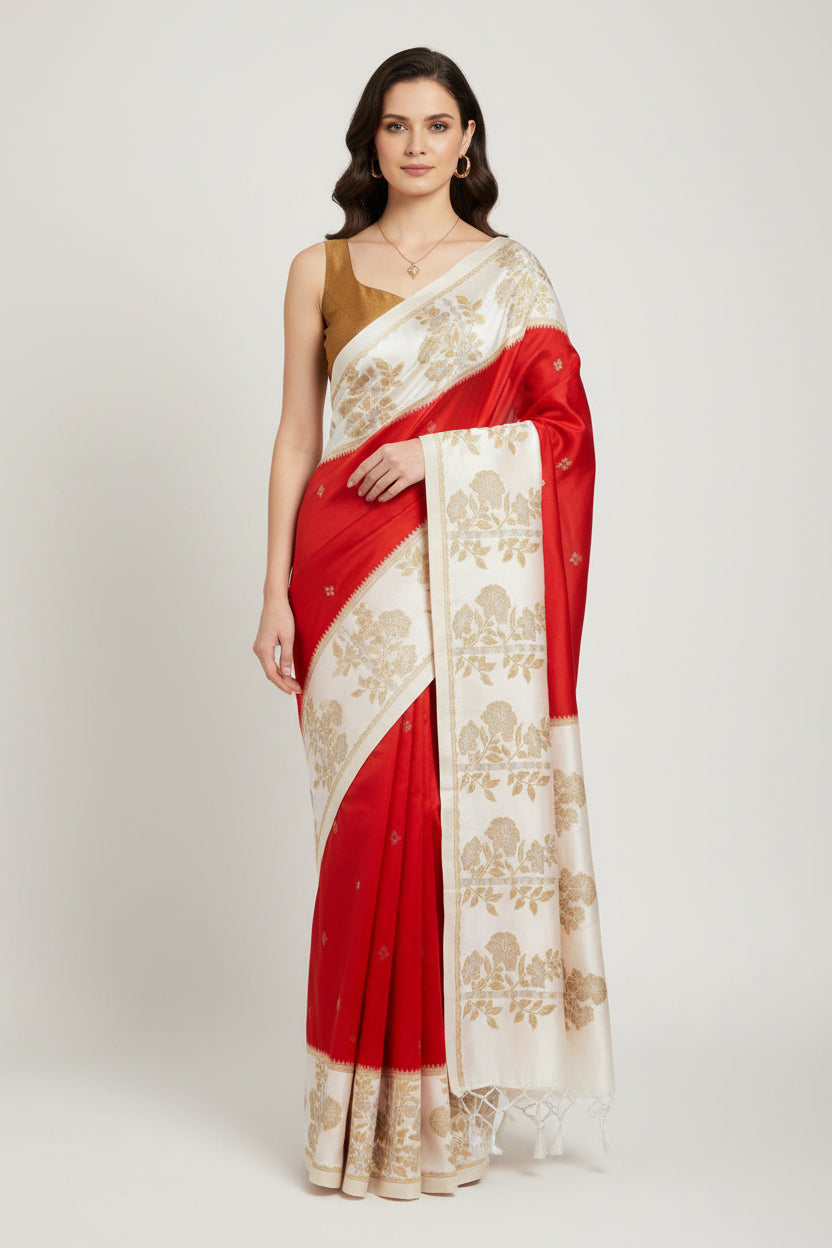 Banarasi silk saree with satin silk border with golden zari work.