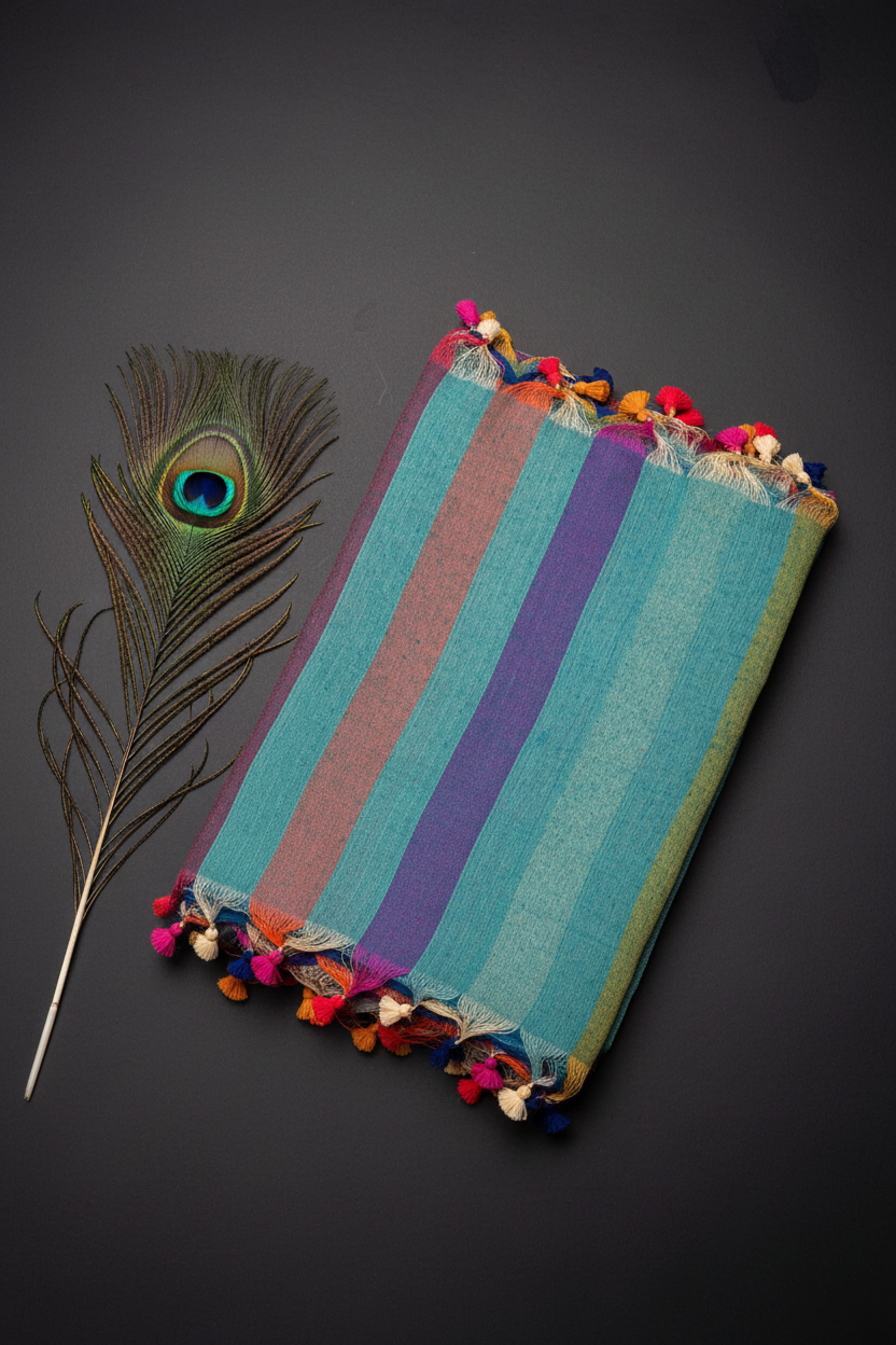 Linen Cotton Sare With Solid Standing Lines Vibrant Contrast Colors
