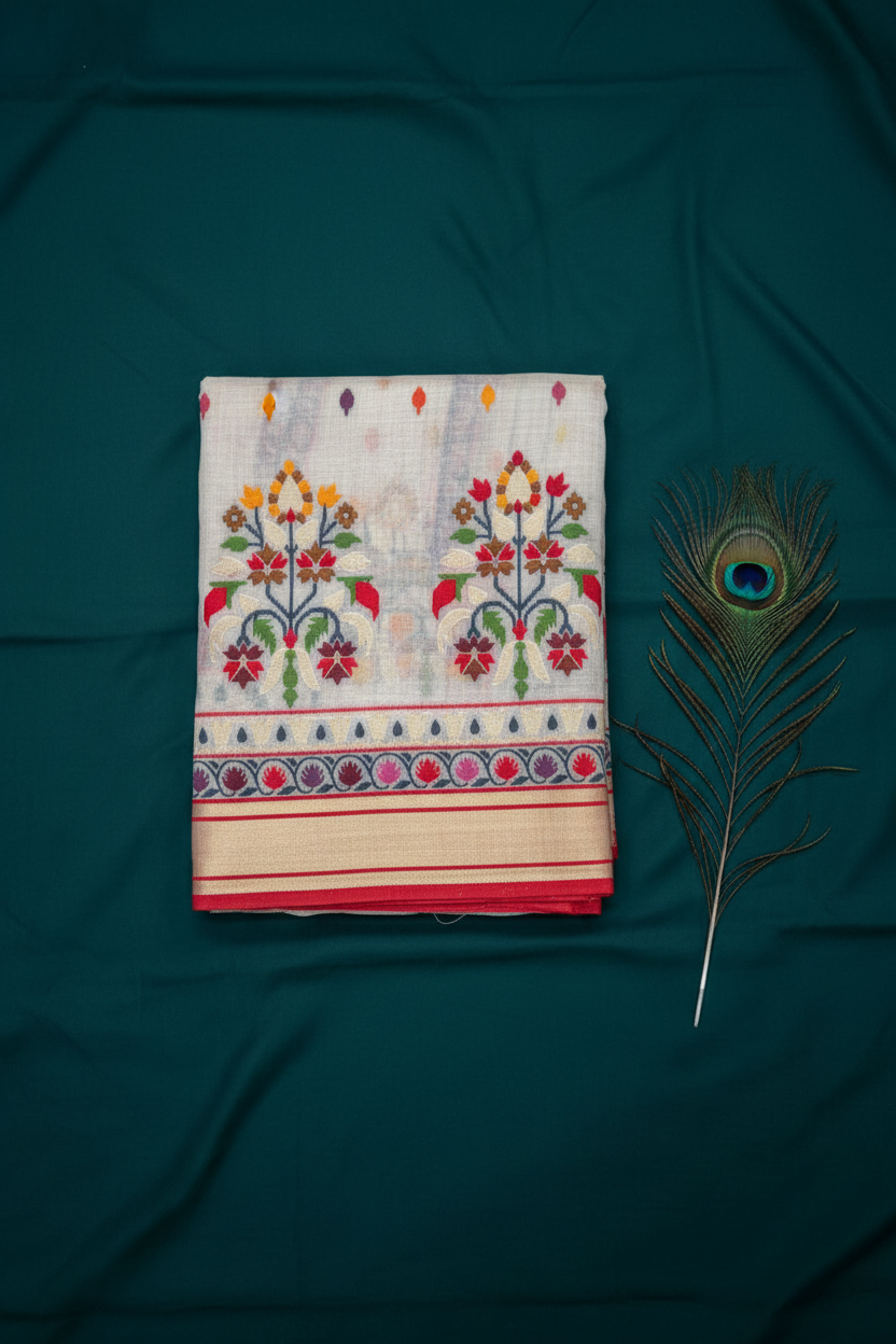Chanderi Cotton With Digital Thread Work Design Along With Golden Zari Work