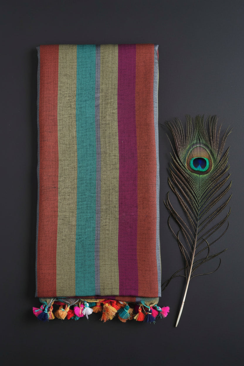 Linen Cotton Sare With Solid Standing Lines Vibrant Contrast Colors