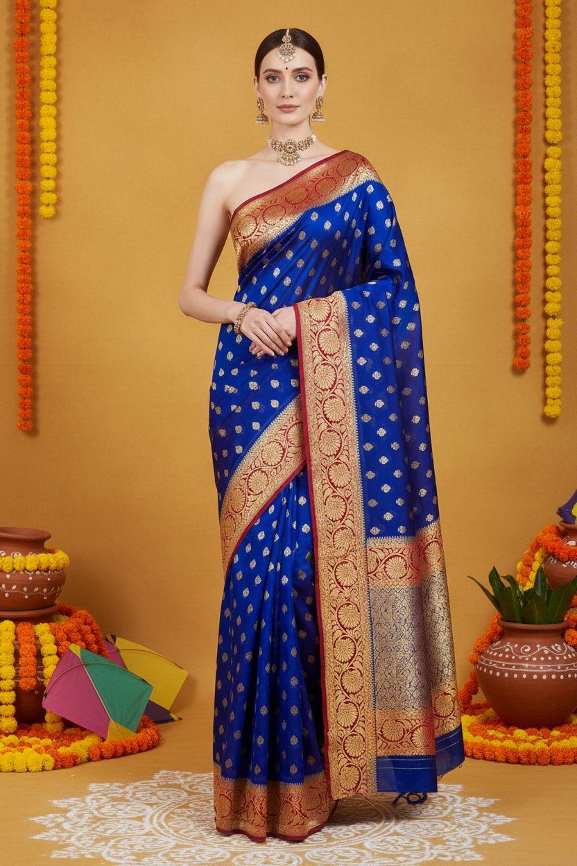pure khaddi goergette royal blue and border contrast red color pure benarasi saree