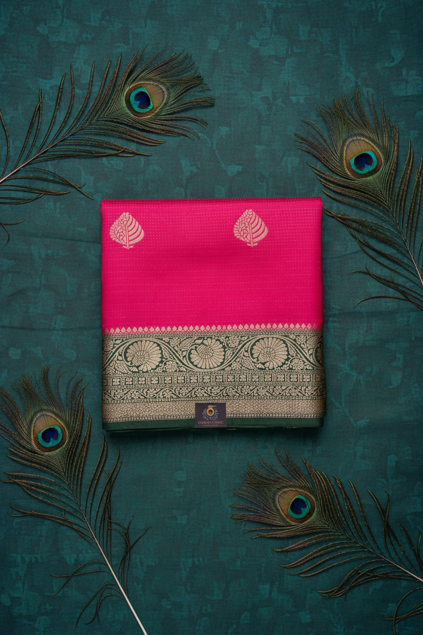 Rani pink banarasi silk saree with beautiful bottle green border.