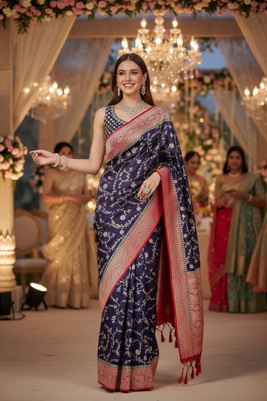 Pure khaddi goergette red and purple combination jaal pattern pure benarasi saree.