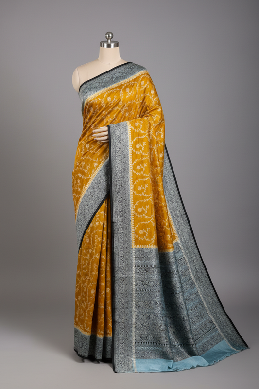 Beautiful gorgeous mustard yellow color jaal pattern. black color border pure khaddi pure banarasi saree.