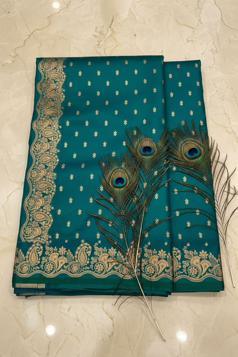 Pure Mushroo Katan Banarasi Saree. Beautiful peacock green color.