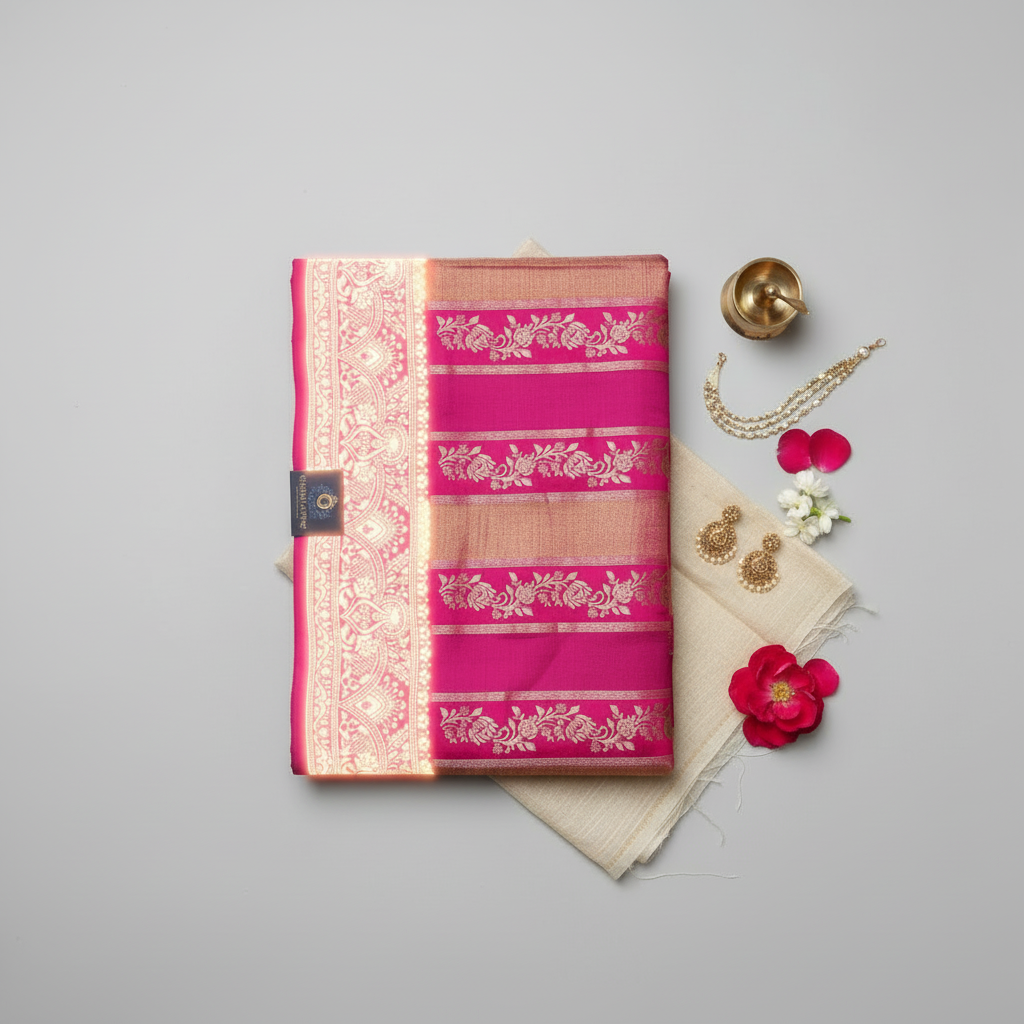 dark rani pink and purple , tisssue and mushroo silk rangkat pure banarasi saree