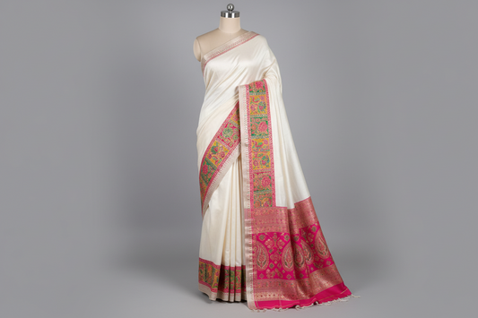 Pearl white munga silk saree with pasmina zari work banarasi saree