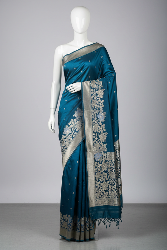 Royal blue soft mercerise silk pure banarasi saree with floral elegant border goden small motifs all over