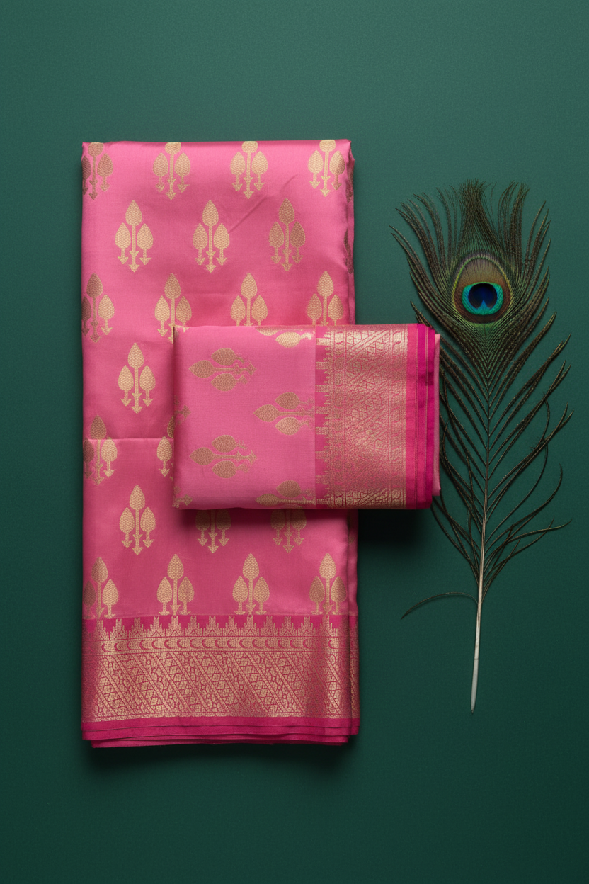 Pink katan banarasi saree.