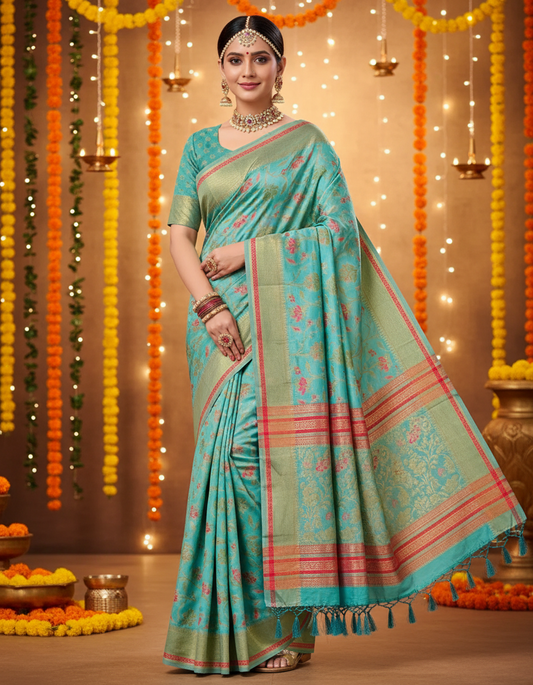 SEA BLUE BANARASI CANDERI SAREE
