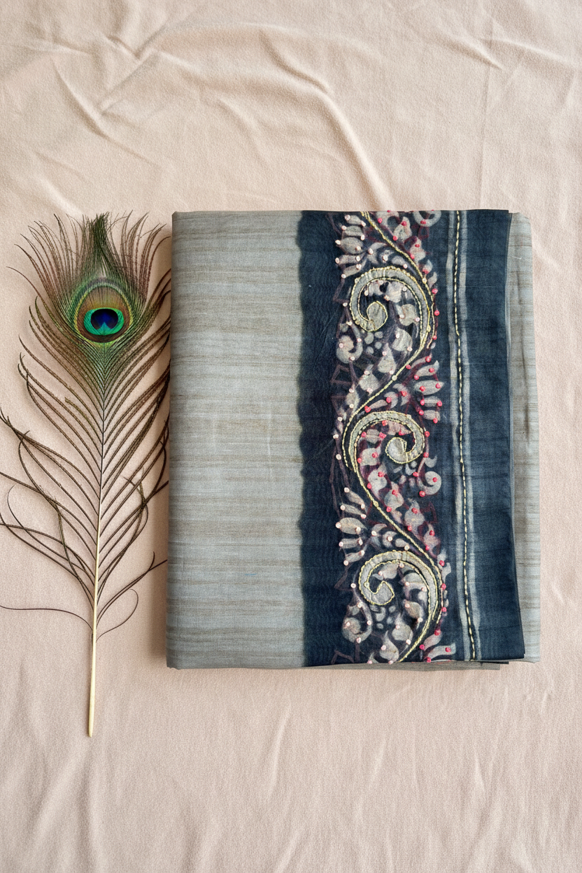 Cotton saree with batik print border.  Knot work and kantha work.Tussar cotton.