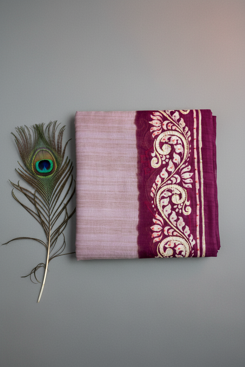 Cotton saree with batik print border.  Knot work and kantha work.Tussar cotton.
