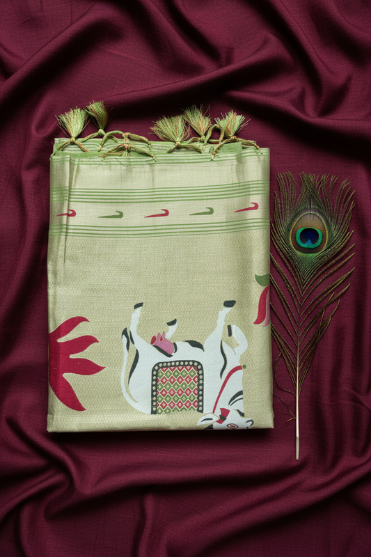 Cotton MUniya Paithani  Border Saree. Beautiful Pallu With Cow And Floral Design.