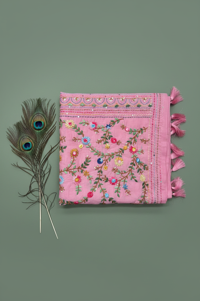 Tissue Cotton Saree with Beautiful Kantha Work and Thread Work. Jaal Pattern.