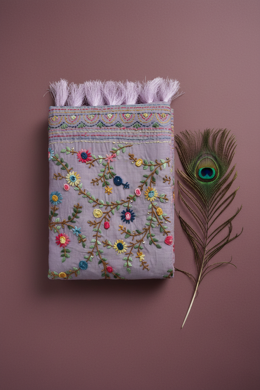 Tissue Cotton Saree with Beautiful Kantha Work and Thread Work. Jaal Pattern.