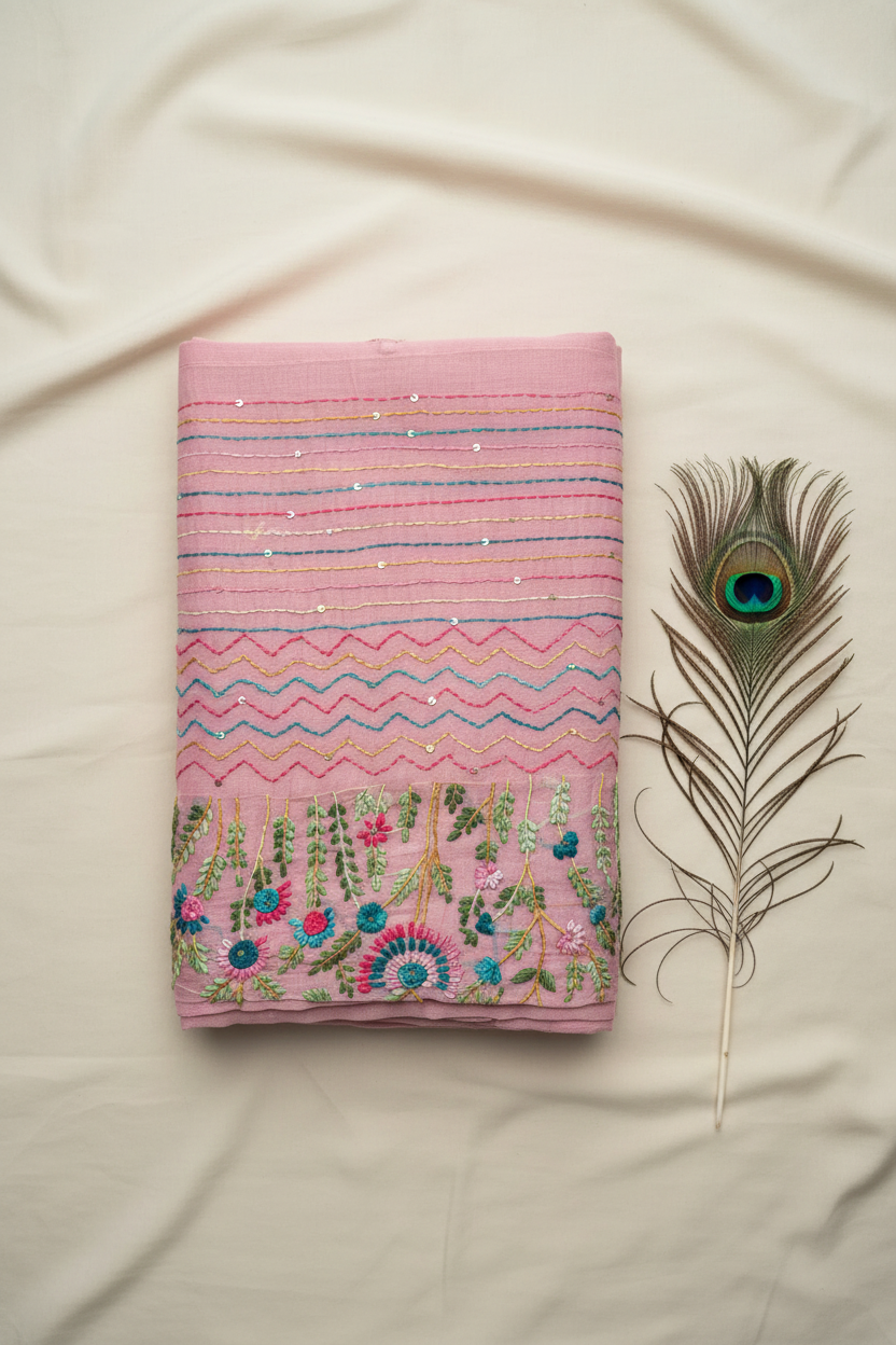 Tissue Cotton Saree with Beautiful Kantha Work and Thread Work. Jaal Pattern.