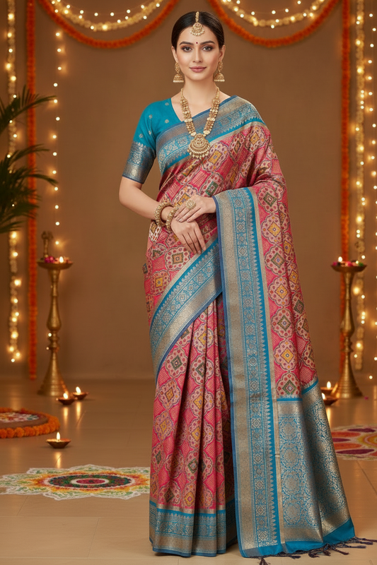 soft silk patola design saree color is carrot pink
