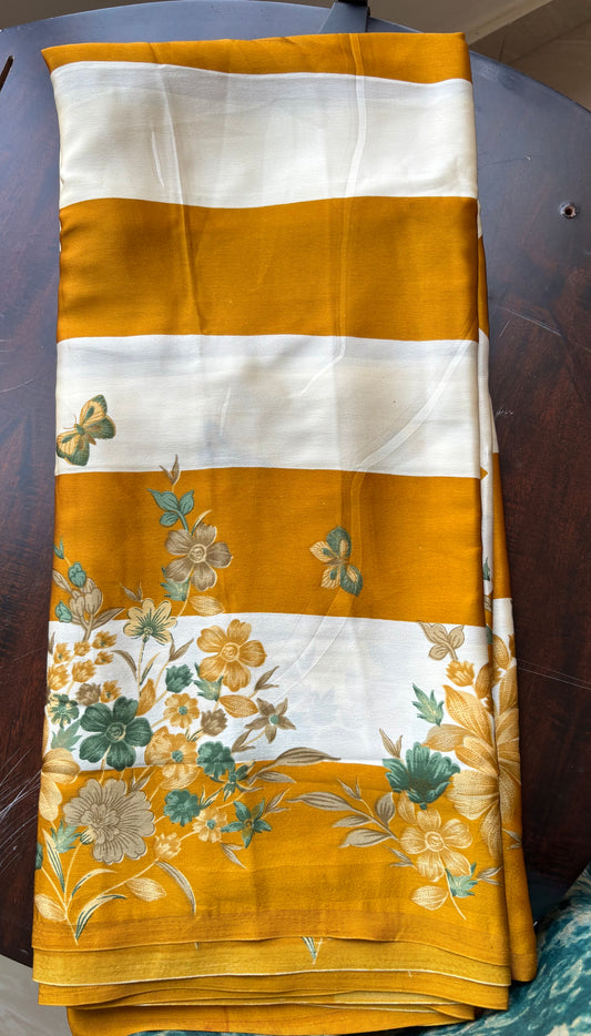 Satin floral ,butterfly ,and bird print striped saree with beautiful blouse and tassels on pallu