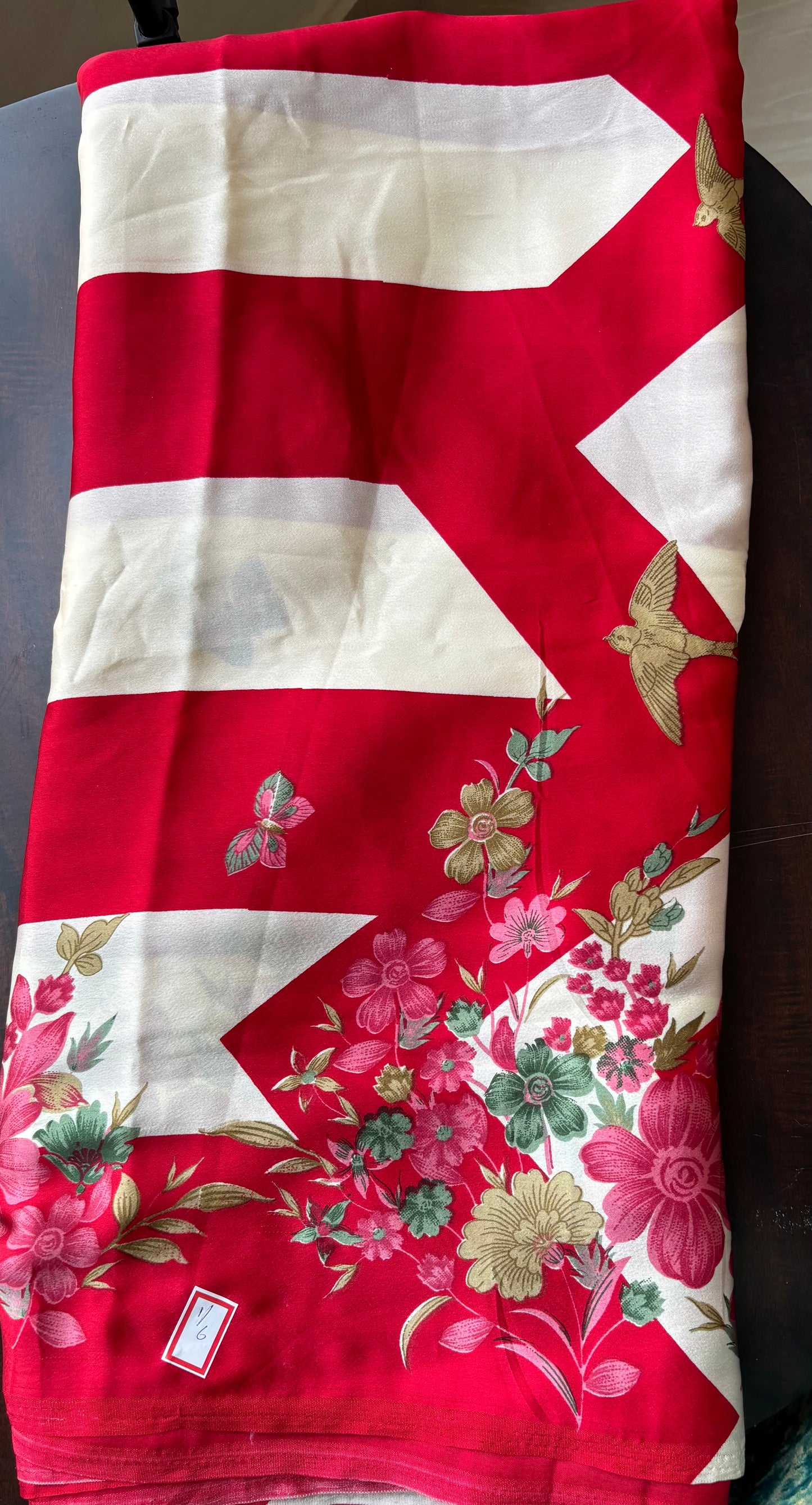 Satin floral ,butterfly ,and bird print striped saree with beautiful blouse and tassels on pallu