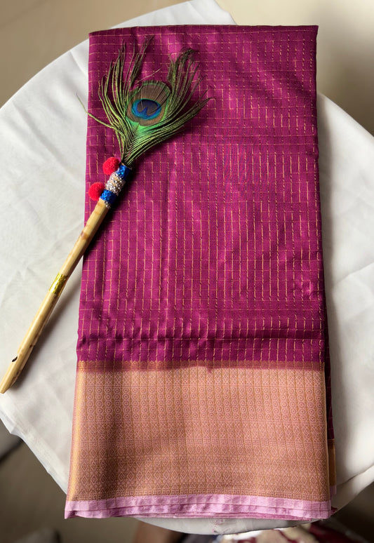 Beautiful crepe checks maroon color saree with lilac golden zari work border