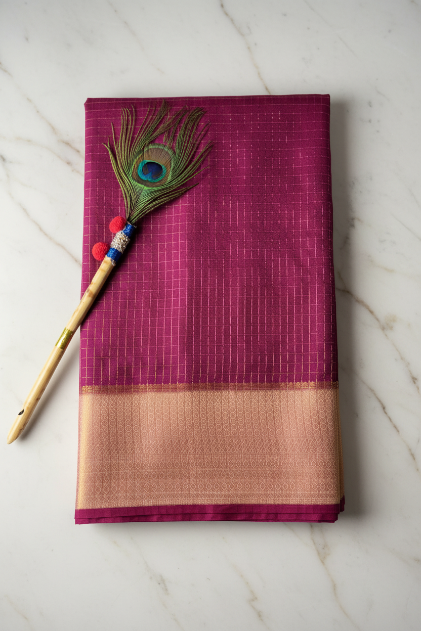 Beautiful crepe checks maroon color saree with lilac golden zari work border