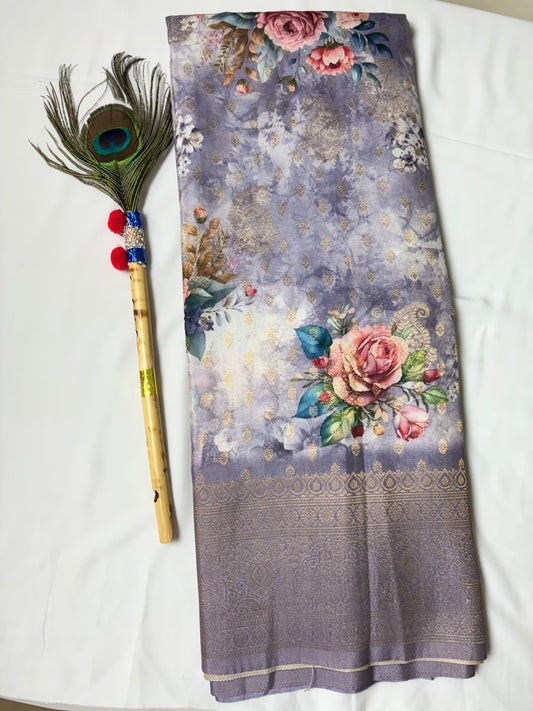Dola silk printed saree. with golden zari work.