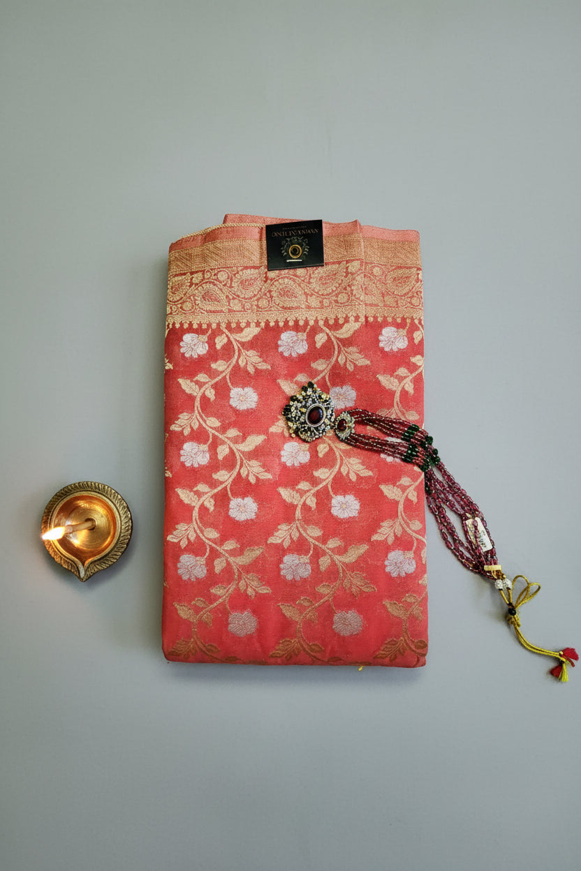 Banarasi goergette sare with golden and silver zari work.
