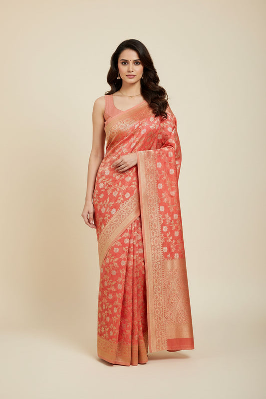 Banarasi goergette sare with golden and silver zari work.