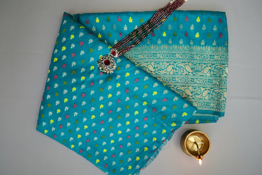 Rama color linen silk banarasi saree. Rama blue color.