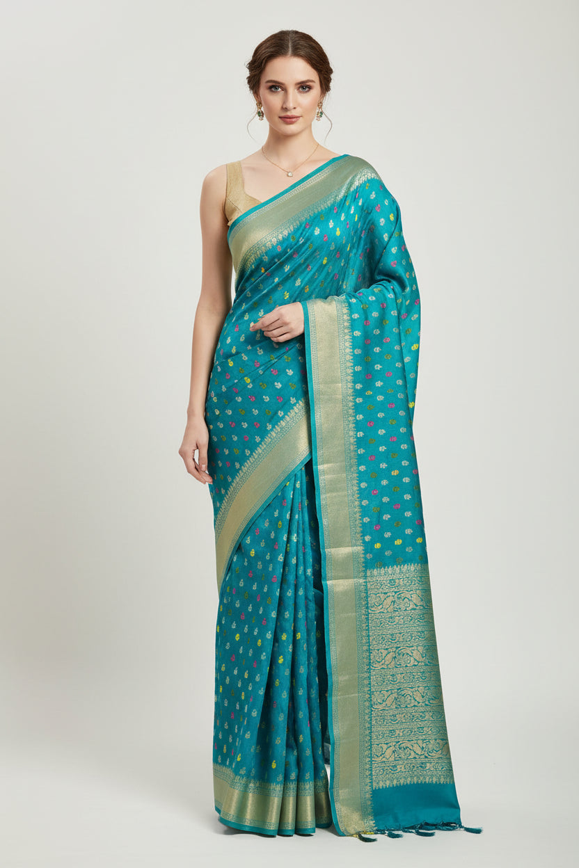 Rama color linen silk banarasi saree. Rama blue color.