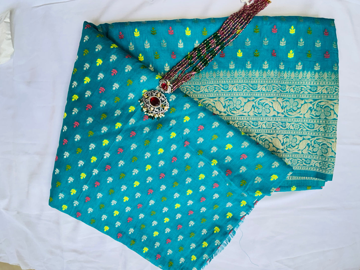 Rama color linen silk banarasi saree. Rama blue color.