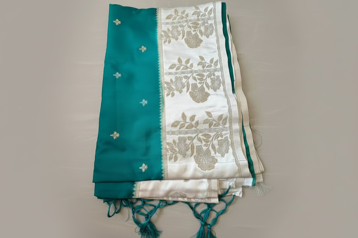 Banarasi silk saree with satin  silk border with golden zari work.
