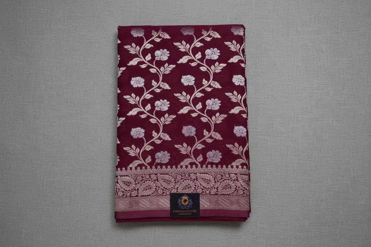 Banarasi goergette sare with golden and silver zari work.