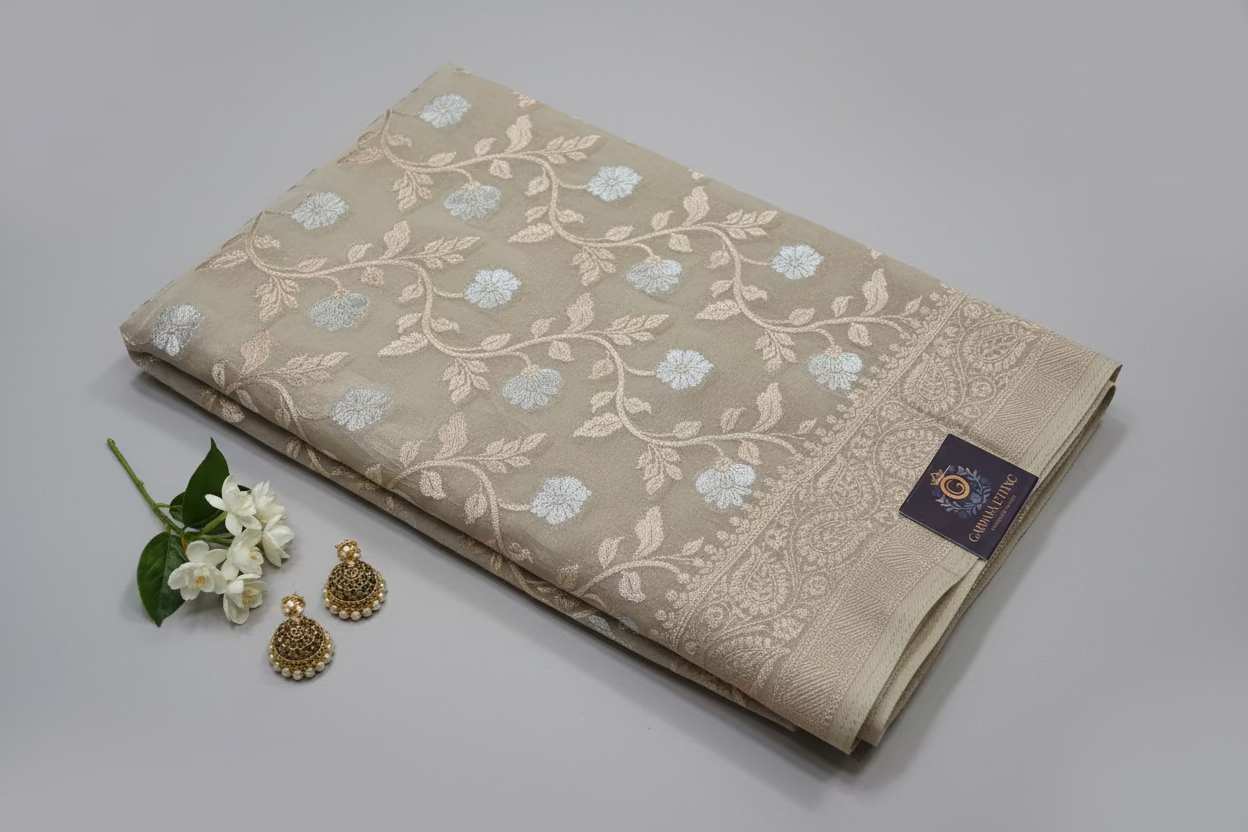 Banarasi goergette sare with golden and silver zari work.