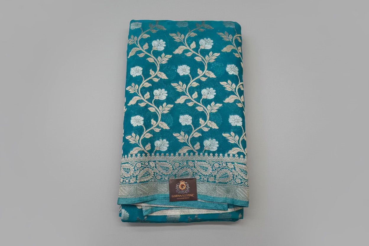 Banarasi goergette sare with golden and silver zari work.