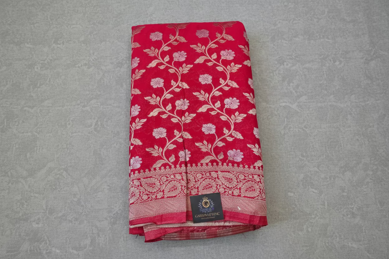 Banarasi goergette sare with golden and silver zari work.