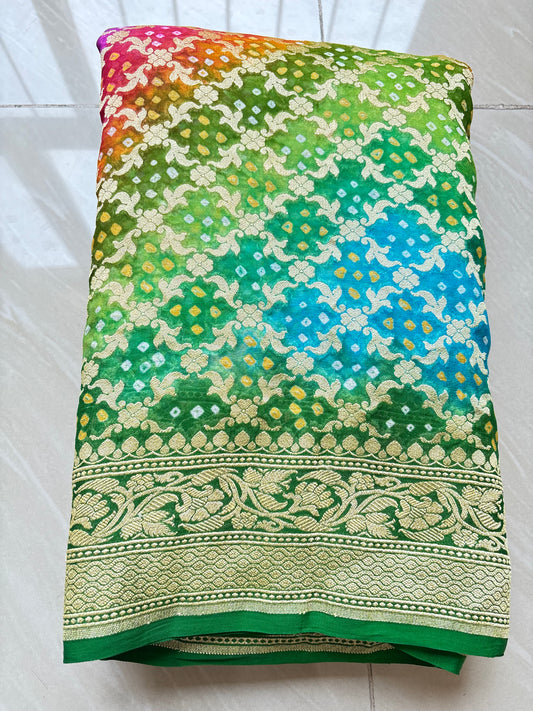 Pure Khaddi Goergette Banarasi Saree. Bandhej Pattern .