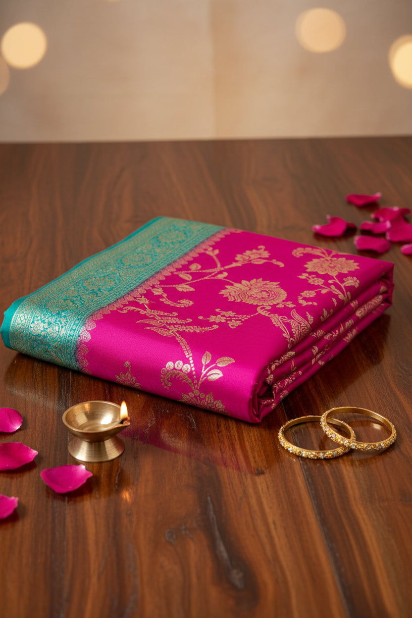 Soft silk banarasi saree with dark rani pink and border Ferozi blue.