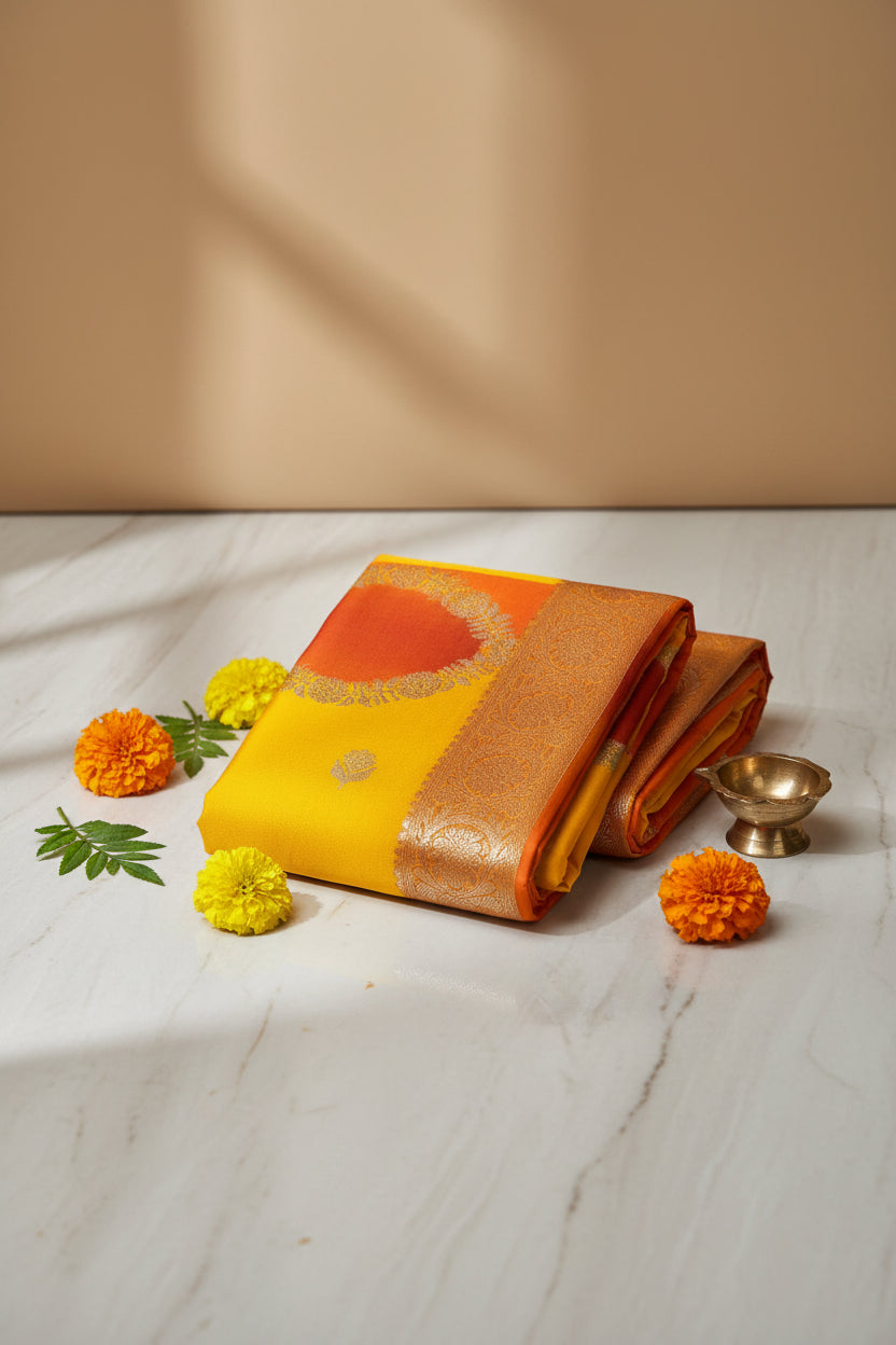Katan Rangkat Mango Color Banarasi Saree
