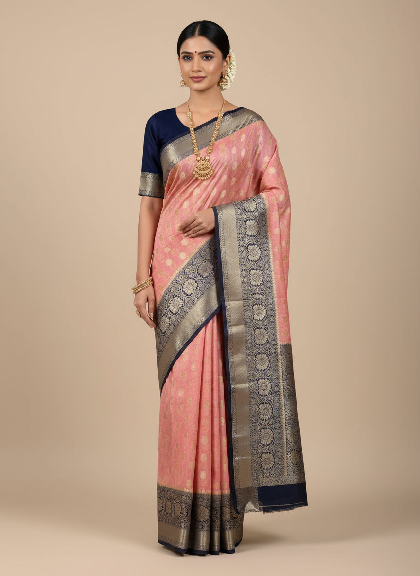 Pink and Blue kora organza ,skirt border banarasi saree