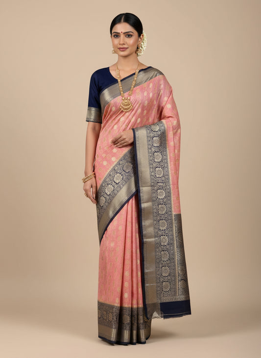 Pink and Blue kora organza ,skirt border banarasi saree