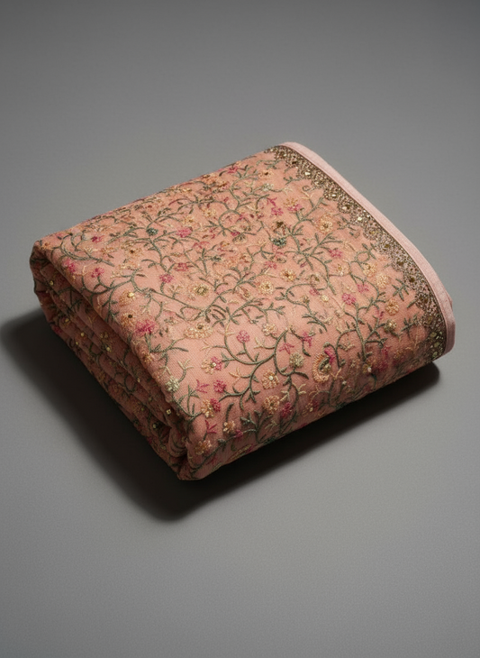 Pure Chinon peach colour kashida work embroidered saree