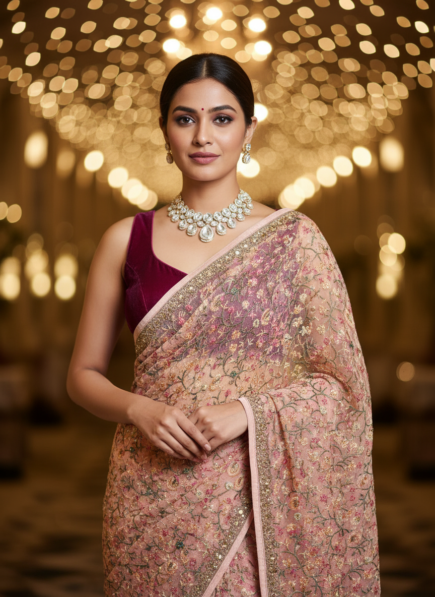 Pure Chinon peach colour kashida work embroidered saree