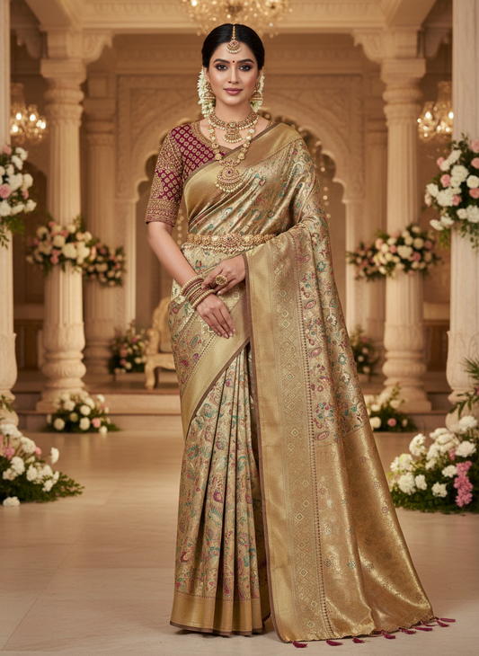 beautiful uncommon pure borcade saree with beautiful rosegold color jaal pattern