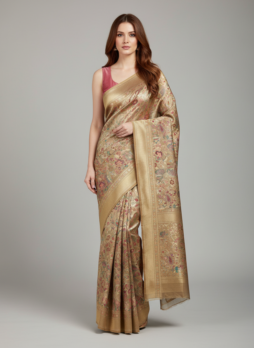 beautiful uncommon pure borcade saree with beautiful rosegold color jaal pattern